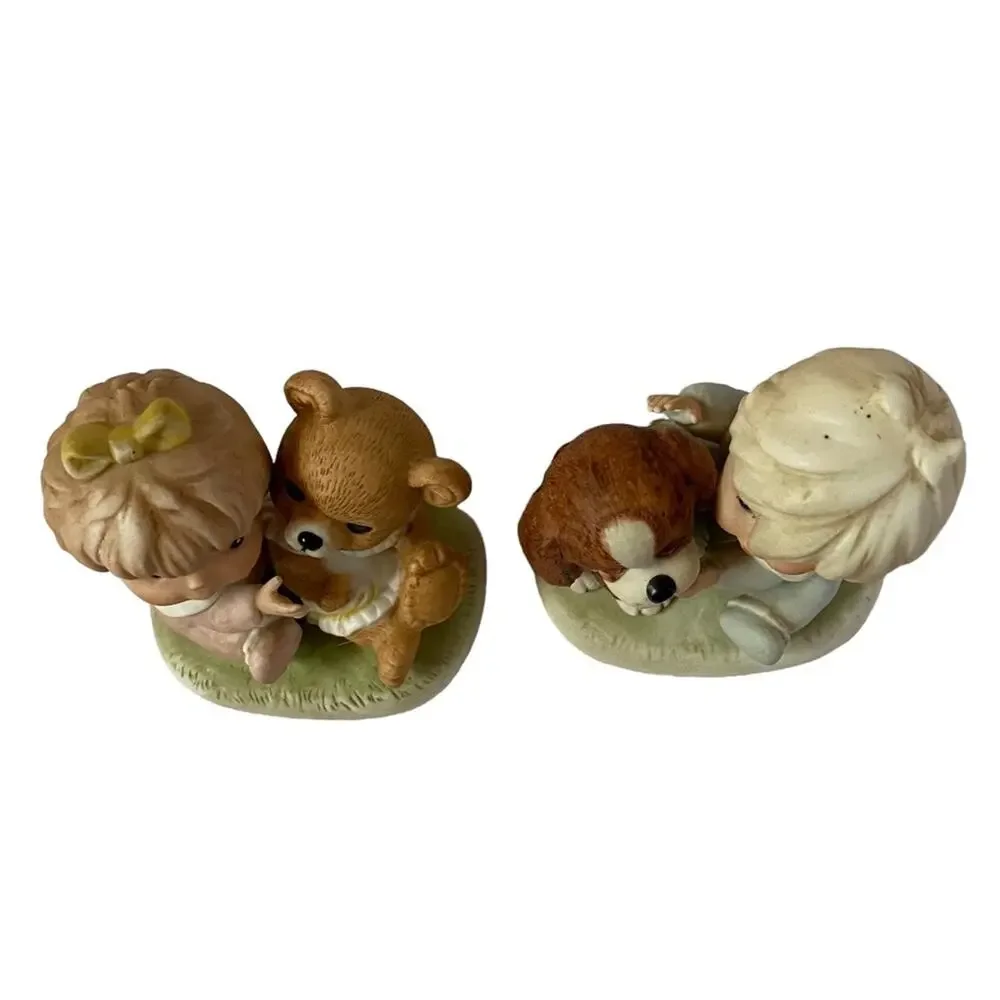 Vintage Homco Baby Figurines Girl with Bear Boy with Puppy Dog #1424 Set of 2